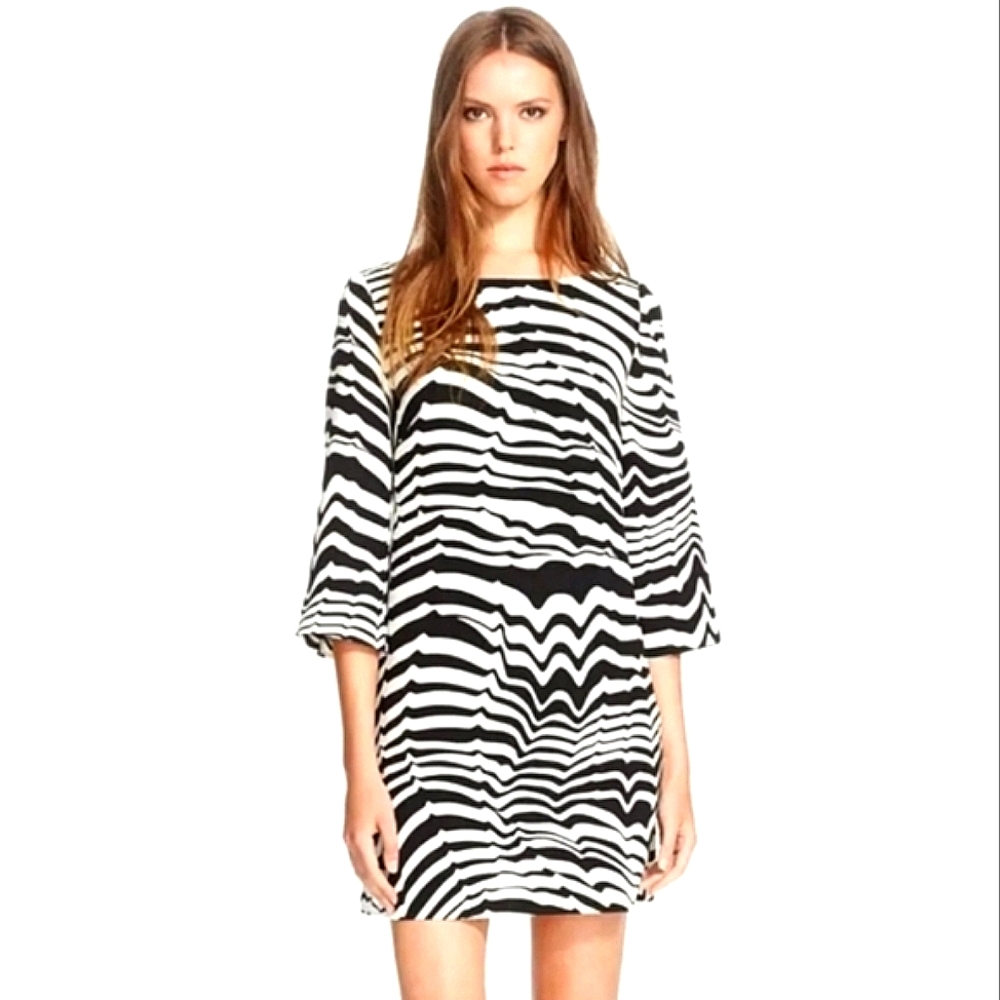 Trina Turk Women's Off White & Black Zebra Stripe Lined 3/4 Sleeve Dress 4 - Picture 9 of 16